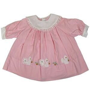 Vintage Nannette Baby Girl Pink Squirrel Embroidered Dress White Lace Collar 12M